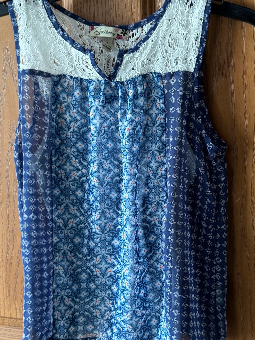 Speechless Blue Lace Yoke Printed Sleeveless Top Girls Large